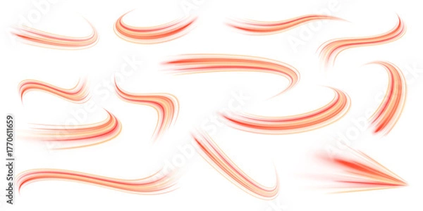 Obraz Set of abstract red glowing swirls and speed stripes with fiery glow. Vector illustration in PNG format on white background. Futuristic glowing neon effects.	