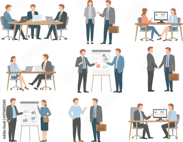 Obraz Business meeting, office teamwork, corporate discussion, professional collaboration, handshake, presentation, laptop analysis, workplace communication, strategy planning, vector illustration