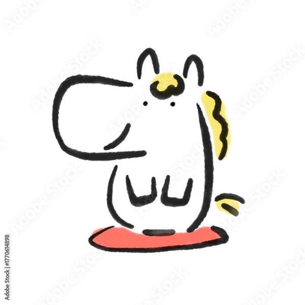 Fototapeta 座布団に座って新年の挨拶をする白馬　正月素材・墨絵