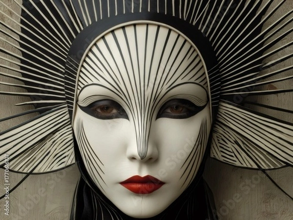 Fototapeta Artistic portrait of a model showcasing avant garde makeup and an intricate black and white headdress, creating a striking visual for fashion and beauty concepts