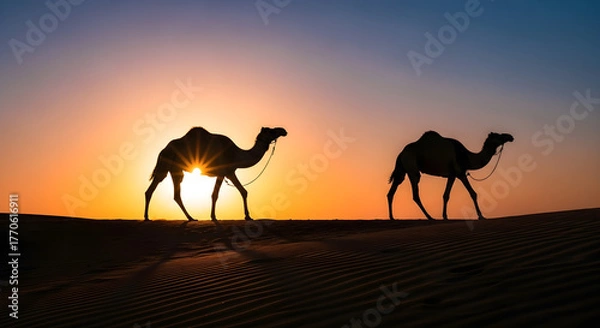 Obraz Camels Walking in Desert Silhouette at Sunset | Exotic Arabian Wildlife, Travel Destination and Middle East Tourism Advertising Image