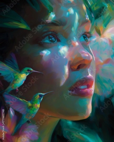 Fototapeta Two hummingbirds are flying near the face of a woman surrounded by large tropical leaves, illuminated by colorful lights creating a magical atmosphere