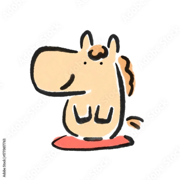 Fototapeta 座布団に座って新年の挨拶をするかわいい馬　正月素材・墨絵