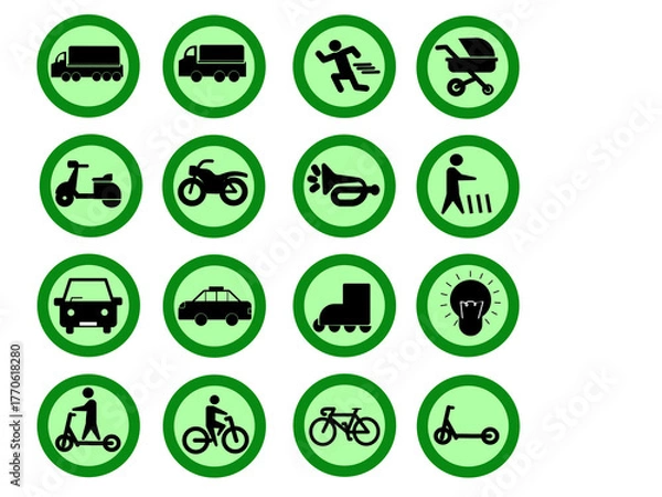 Fototapeta Green circular signs showcase transportation modes with related symbols, suitable for travel or traffic concept designs and presentations. Ideal for infographics or educational materials.