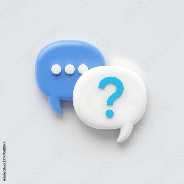 Fototapeta A 3D render displays two overlapping speech bubbles on a white background, one blue with three white dots symbolizing a chat message.
