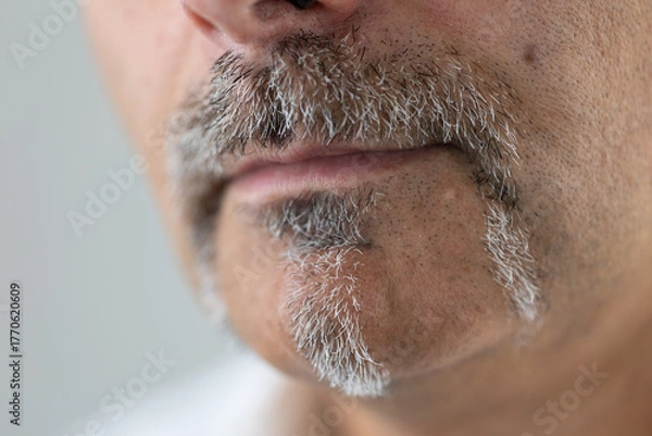 Fototapeta Extreme close-up of a man’s face focusing on his gray mustache and goatee. The detailed macro shot highlights the texture of facial hair and skin, captured in soft lighting.