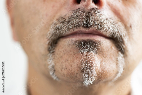 Fototapeta Macro close-up of a man’s mouth and beard showing detailed texture of gray facial hair. The image captures authenticity, and character, perfect for illustrating themes of masculinity while aging.