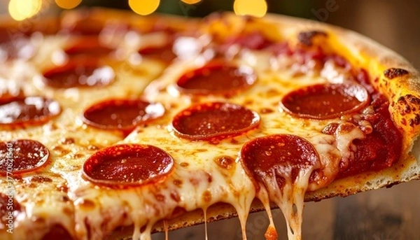 Fototapeta Close-up of a Pepperoni Pizza Slice with Melted Cheese and Crispy Crust, Perfect for Food Photography and Restaurant Promotions
