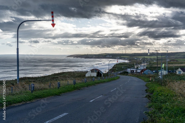 Obraz 北海道　海岸線　北太平洋シーサイドライン　道　道路　海　曇り