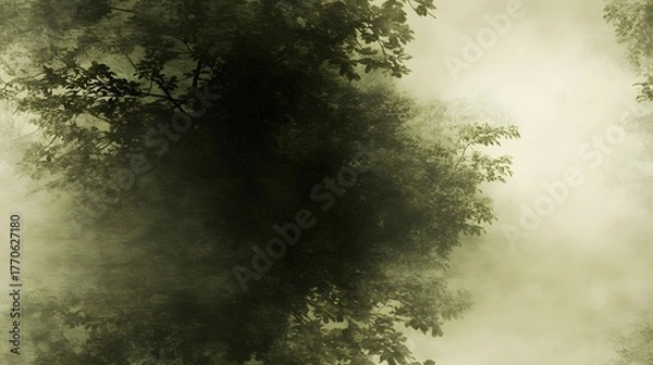 Fototapeta Dark forest canopy partially obscured by thick, yellowish fog or mist