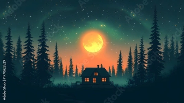 Fototapeta Silhouette of a rustic dwelling nestled within a dense evergreen forest under a glowing celestial body