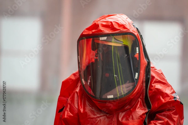 Fototapeta Close-up of a firefighter in a protective chemical hazmat suit.