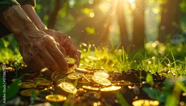 Obraz Close-up of hands picking up shiny gold coins scattered on forest ground with warm sunlight, symbolizing discovery, wealth, and treasure in nature.