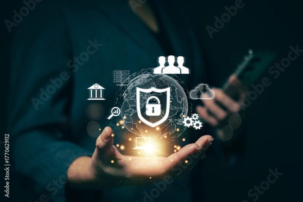 Fototapeta Businesswoman locking sensitive financial data for cyber security protection. cyber security concept User Privacy Security and Encryption Future technology and cybernetics lock screen key.