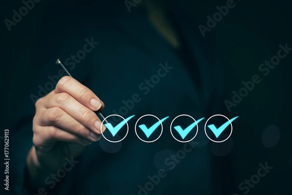 Fototapeta Reviewing and completing online survey forms document management system Assessment form, questionnaire, checklist and clipboard management Quality control..