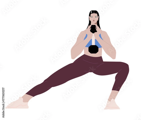 Obraz Woman training, doing lunges with dumbbell vector flat illustration. Female practicing warming up or fitness workout with sports equipment isolated on white. Sportswoman enjoying physical activity 