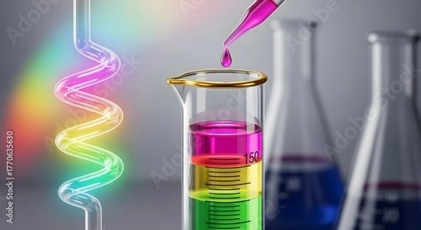Fototapeta Chemical synthesis and colorful lab fluid mixture process. Advanced research and multi-layered liquid separation. Pipette adding pink liquid to a beaker with different colored layers