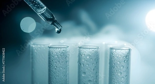 Fototapeta Medical and chemical laboratory testing for vaccine creation. Cold chain storage and scientific research. Pipette dripping liquid into chilled glass test tubes with condensation