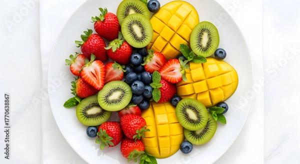 Obraz Fresh Fruit Platter with Strawberries, Kiwi, Blueberries, and Mango on White Plate | Healthy Food Still Life for Nutrition, Diet, and Wellness Marketing