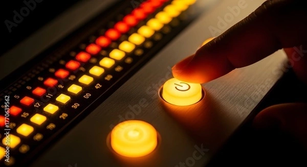 Fototapeta Activating an industrial control system or audio mixer. Sound engineering and professional studio equipment. Finger pressing a glowing yellow power button on a control panel