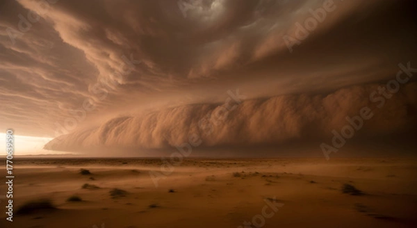 Obraz Dust Storm Rolling Over Arid Landscape | Dramatic Weather Phenomenon for Disaster Preparedness, Climate Change Awareness, and Environmental Documentaries