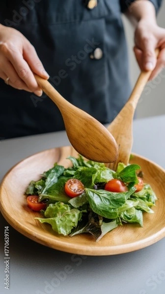Obraz Close Up Shot of a Person Tossing Mixed Greens with Wooden Tongs. Arranging a Healthy Salad Plate in a Contemporary Kitchen. Clean Food and Mindful Eating Concept. 