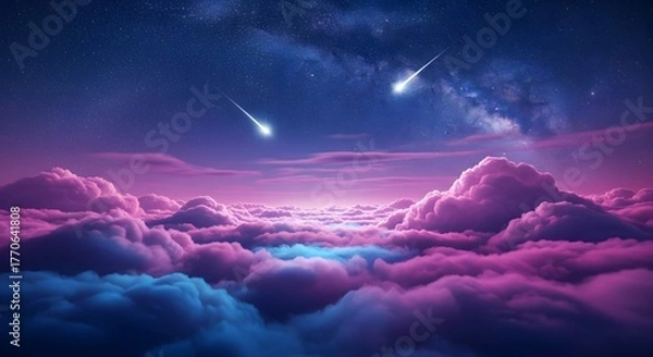 Fototapeta Fantasy night sky with shooting stars above vibrant pink and blue clouds. Dreams, imagination, and mystical space travel. Stunning view of a cosmic aurora over a cloudscape