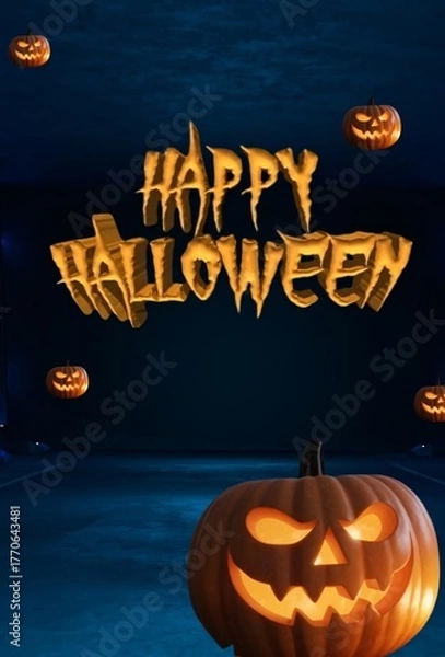 Obraz Dark spooky Halloween pumpkin background design with bats for October night party card