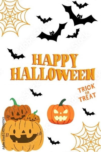 Obraz A spooky vector illustration of a Halloween pumpkin set and bats against a dark October night background, perfect for a holiday card or party design