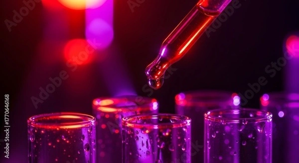 Fototapeta Laboratory experiment and advanced chemical analysis. Pharmaceutical testing and scientific research. Pipette dropping red liquid into several test tubes in a neon setting
