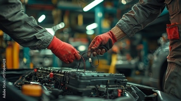 Fototapeta Auto Mechanic Repairing Car Engine Wiring Harness, Automotive Service, Maintenance, and Diagnostics in Garage Workshop, Close-up on Hands