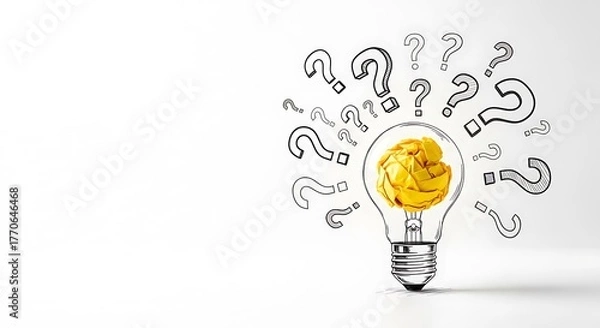 Fototapeta A crumpled yellow ball inside a lightbulb surrounded by question marks, isolated on white background