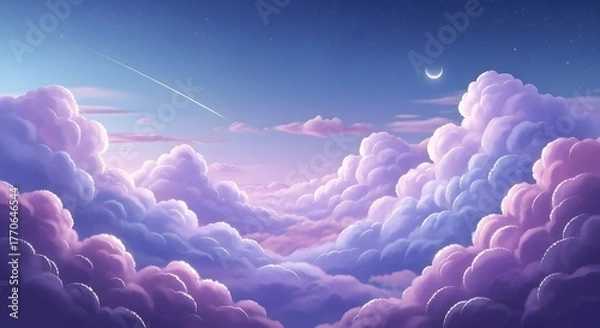 Fototapeta Dreamlike view above a layer of fluffy purple and pink clouds. Imagination, fantasy, and peaceful travel concept. Surreal pastel sky with a crescent moon and shooting star