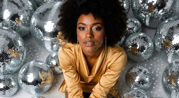 Fototapeta Glamorous Black woman with an afro hairstyle surrounded by disco balls. Stylish model in a gold top at a retro party celebration