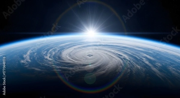 Fototapeta Hurricane or powerful storm system seen from outer space. Climate change, severe weather, and earth observation. Aerial view of a massive cyclone swirling over the ocean at sunrise