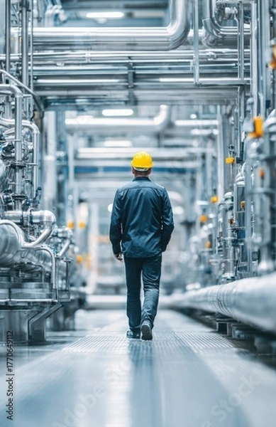 Fototapeta Engineer walking through industrial plant exploring manufacturing pipeline