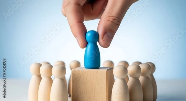 Fototapeta Hand selecting a blue pawn figure from a group of wooden pawn figures, symbolizing leadership and choice