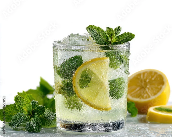 Fototapeta Refreshing beverage in a glass filled with ice, mint leaves, and lemon slices, showcasing vibrant colors and textures, perfect for summer enjoyment and hydration