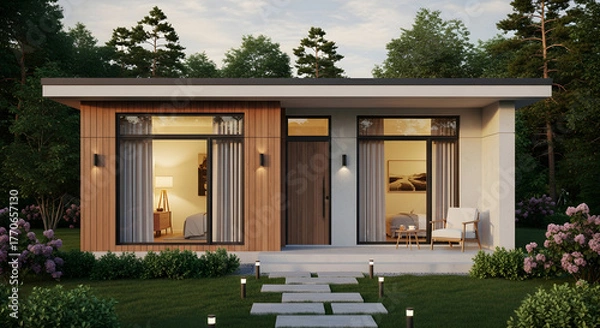 Fototapeta Modern Prefab Modular Home Exterior with Flat Roof and Wood Accents | Sustainable Architecture and Minimalist Design for Real Estate Marketing and Eco-Friendly Living