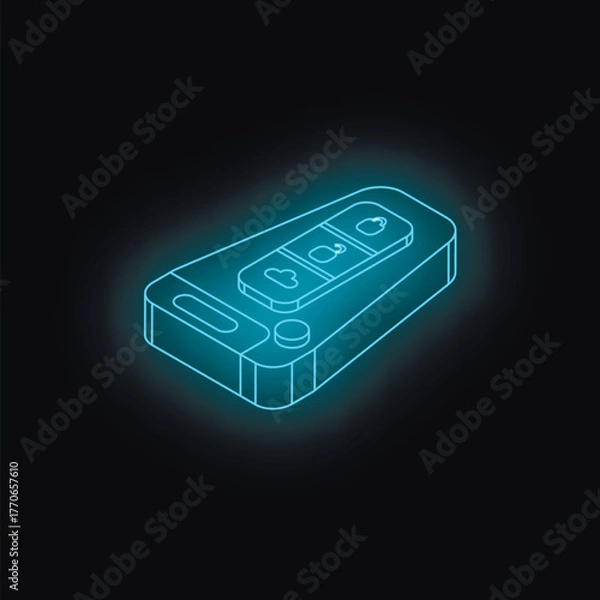 Fototapeta Futuristic glowing blue neon car key remote control isolated on black background, featuring lock, unlock, and trunk release buttons, representing modern vehicle security technology