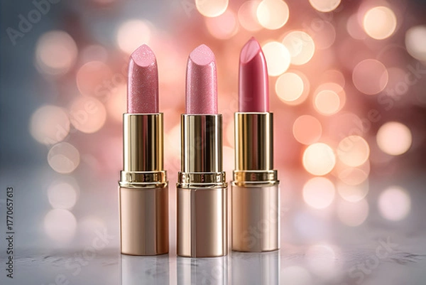 Fototapeta Elegant lipstick collection showcasing gorgeous shades on a blurred sparkling background, perfect for beauty lovers.