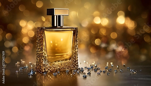 Fototapeta Elegant perfume bottle with sparkling details, capturing luxury and sophistication in a beautifully lit background.