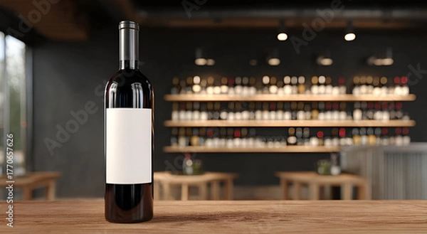 Fototapeta Elegant red wine bottle positioned on a wooden table, showcasing a blank label for customization in a stylish bar.