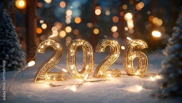 Fototapeta Festive 2026 illuminated with fairy lights, surrounded by snow and trees, creating a magical winter atmosphere.