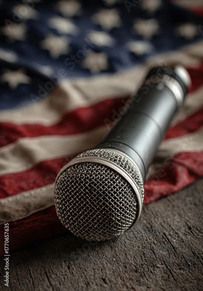 Fototapeta Microphone resting on textured wooden surface, draped with American flag, symbolizing patriotism and the power of voice in music, speech, and expression