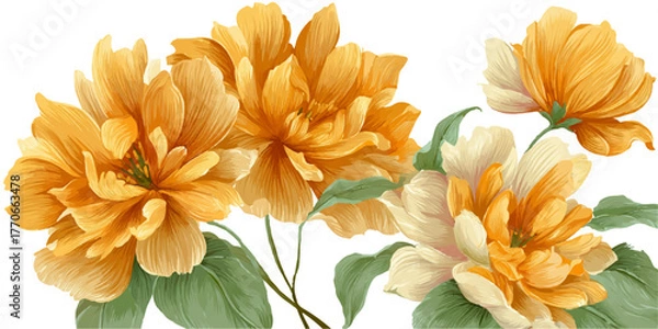 Fototapeta Vibrant orange roses with green leaves displayed against a bright clean backdrop for elegant floral arrangements