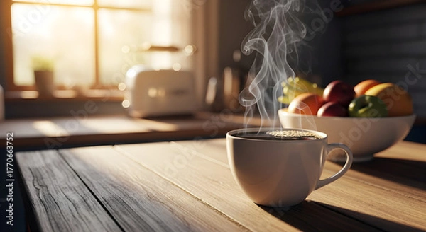 Obraz Steaming Coffee Cup on Wooden Kitchen Table in Morning Sunlight | Warm Beverage Scene with Fruit Bowl, Toaster, and Sunny Window for Food and Lifestyle Blog, Product Mockup, and Cozy Home Decor