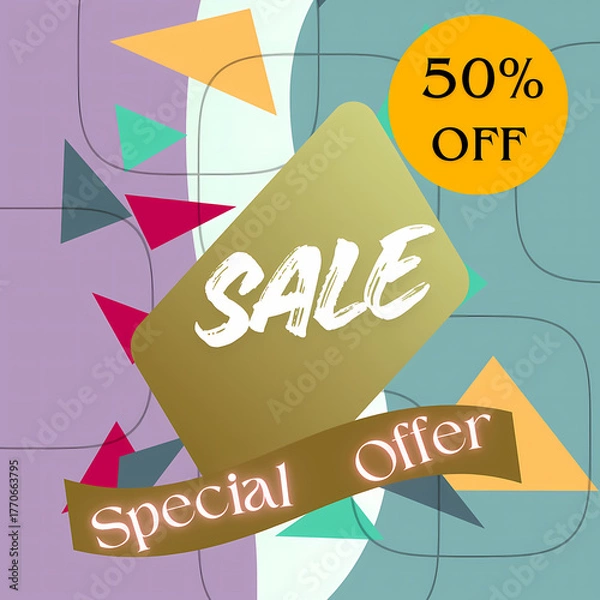 Fototapeta Colorful Sale Banner With 50% Off Text Modern Promotional Design For Marketing.