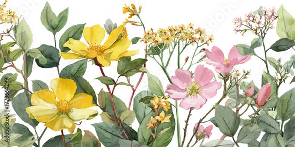 Fototapeta  watercolor floral arrangement featuring yellow and pink blossoms with lush green foliage in a detailed botanical art style.