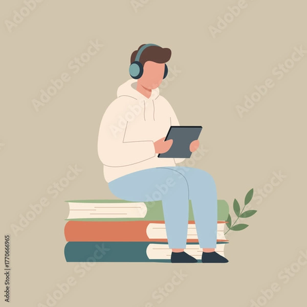Fototapeta Minimalist Vector Illustration Of Student In Headphones Sitting On Books Reading Ebook. EdTech, Online Course, Distance Learning
